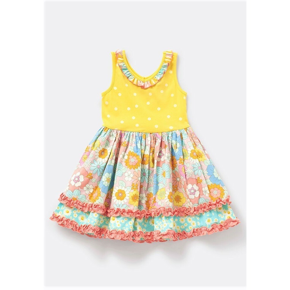 Matilda Jane Girls Yellow Polka Dot Floral‎ Ruffle Tiered Dress Size 10 NWT
